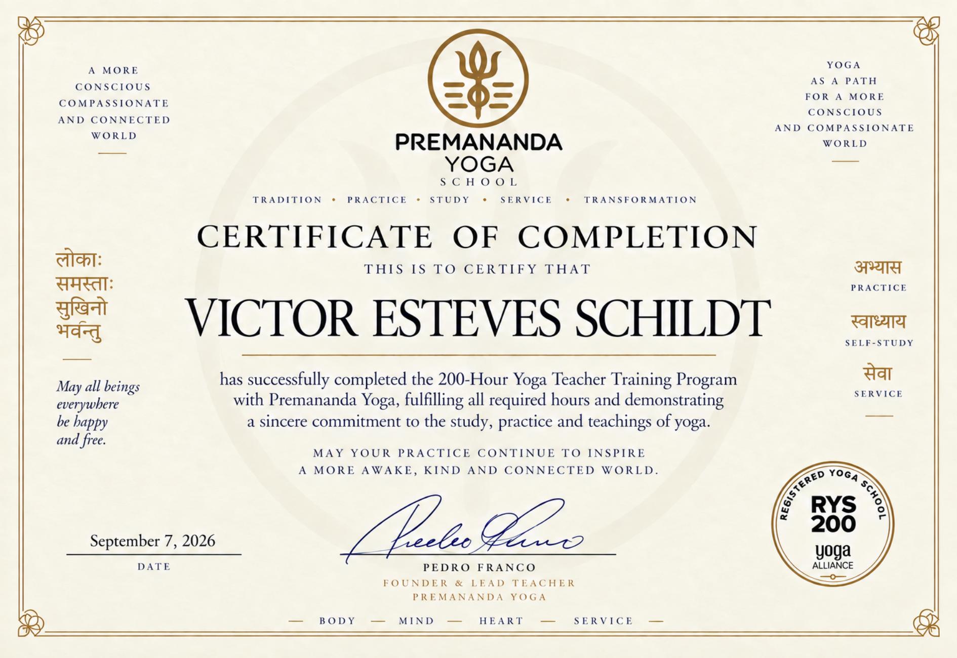 Certificado de conclusão — 200-Hour Yoga Teacher Training — Victor Esteves Schildt — Premananda Yoga School